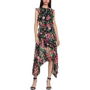 BCBGMAXAZRIA Sleeveless Floral Ruffled  Asymmetrical Midi Cocktail Dress 2